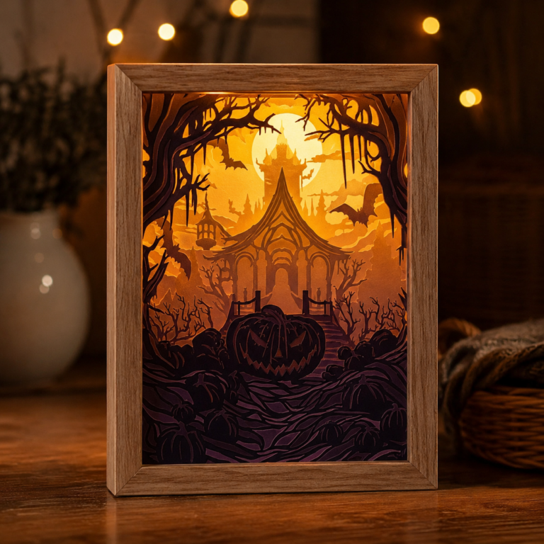 Lightbox Maison hantée d’Halloween allumée, avec une maison inquiétante, une citrouille, des chauves-souris et des arbres.