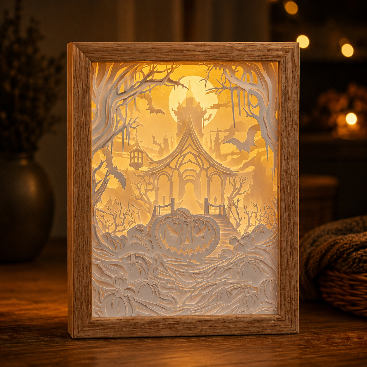 Modèle Maison hantée d’Halloween en papier blanc multicouche, lumière éteinte, montrant le décor effrayant en relief.