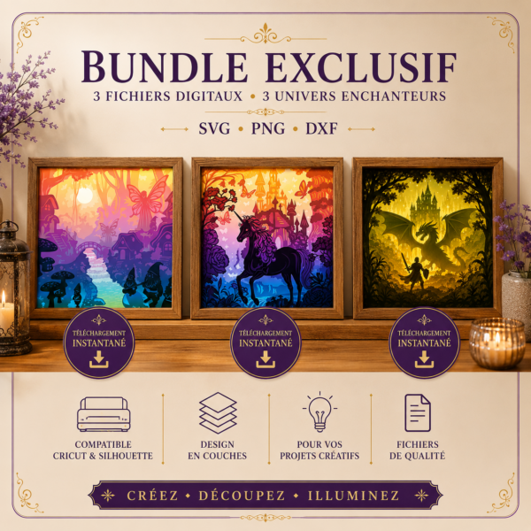 Pack de trois Lightbox fantasy avec dragon château et forêt féerique