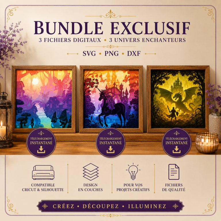 Pack de trois Lightbox fantasy avec dragon château et forêt féerique