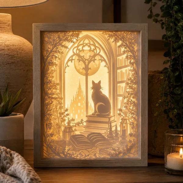 Aperçu du modèle Le Gardien des Grimoires en papier blanc multicouche avec un éclairage LED blanc chaud.