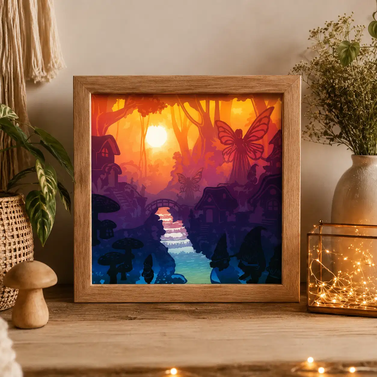 Lightbox Forêt Féérique allumée, représentant un village enchanté, une rivière, des champignons et un grand papillon