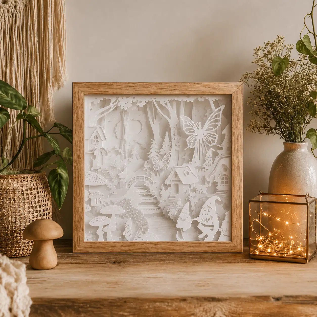 Modèle Forêt Féérique en papier blanc multicouche, lumière éteinte, montrant le village et la végétation en relief