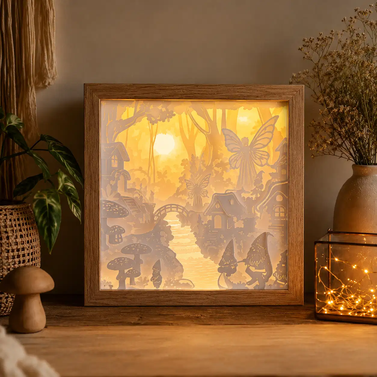 Lightbox Forêt Féérique en papier blanc multicouche, éclairée par une LED chaude derrière le village enchanté.