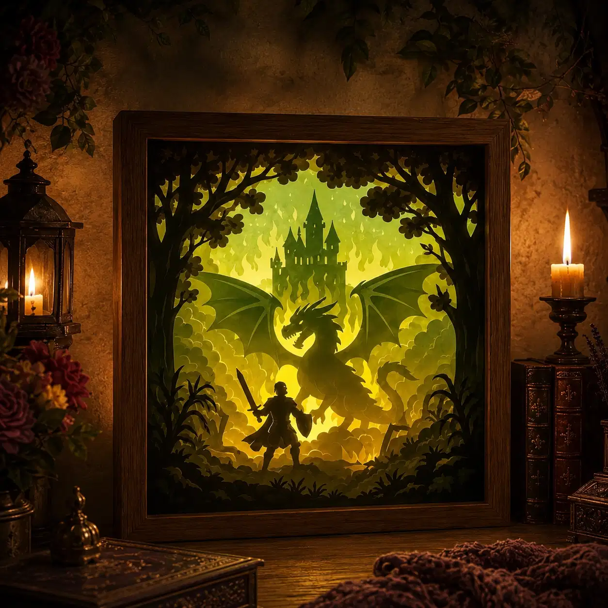 Lightbox Chevalier et Dragon allumée, montrant un chevalier face à un dragon devant un château dans la forêt