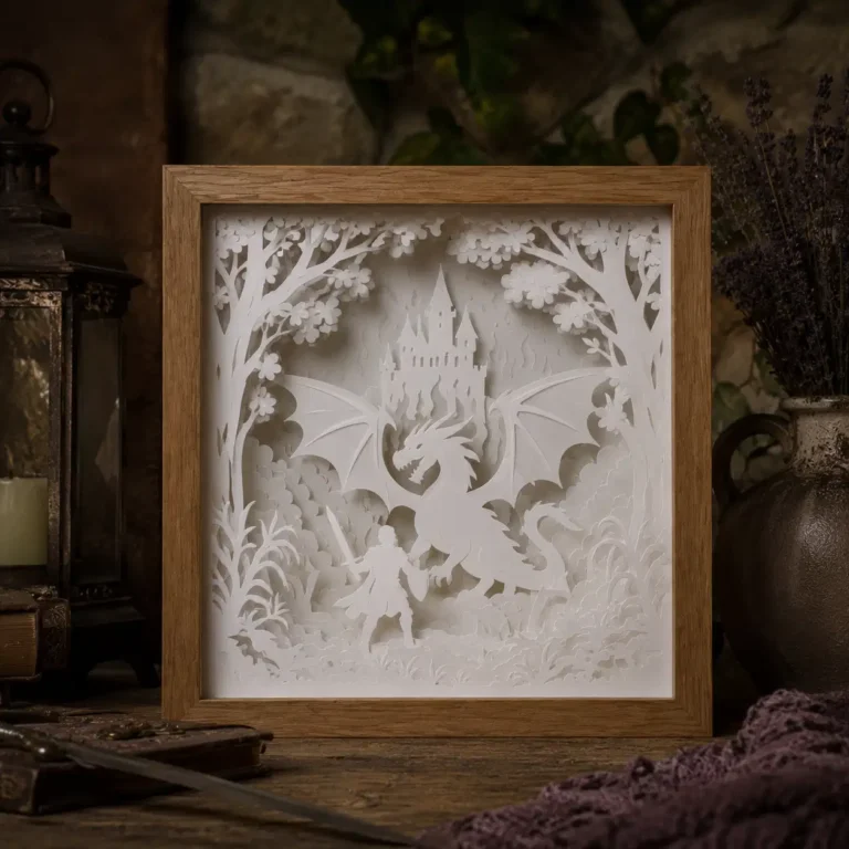 Modèle Chevalier et Dragon en papier blanc multicouche, lumière éteinte, avec le dragon et le chevalier en relief