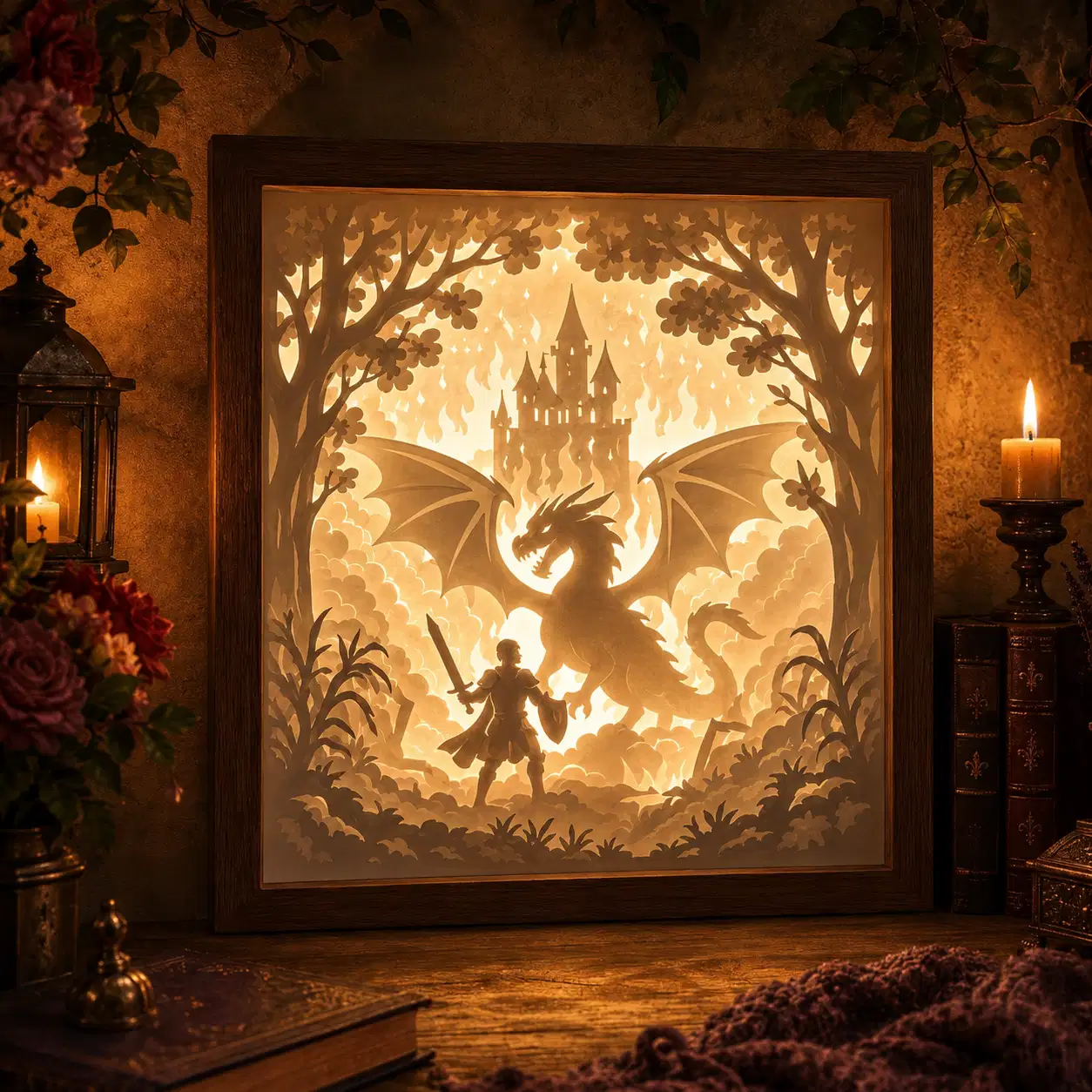 Lightbox Chevalier et Dragon en papier blanc multicouche, illuminée par une LED chaude derrière la scène fantastique