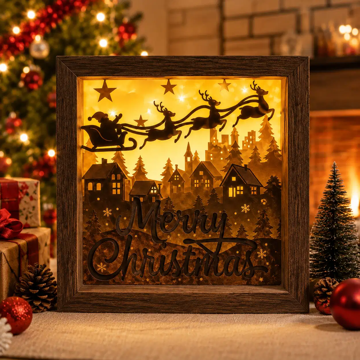 Lightbox Traîneau du Père Noël allumée, avec le Père Noël et ses rennes volant au-dessus d’un village enneigé