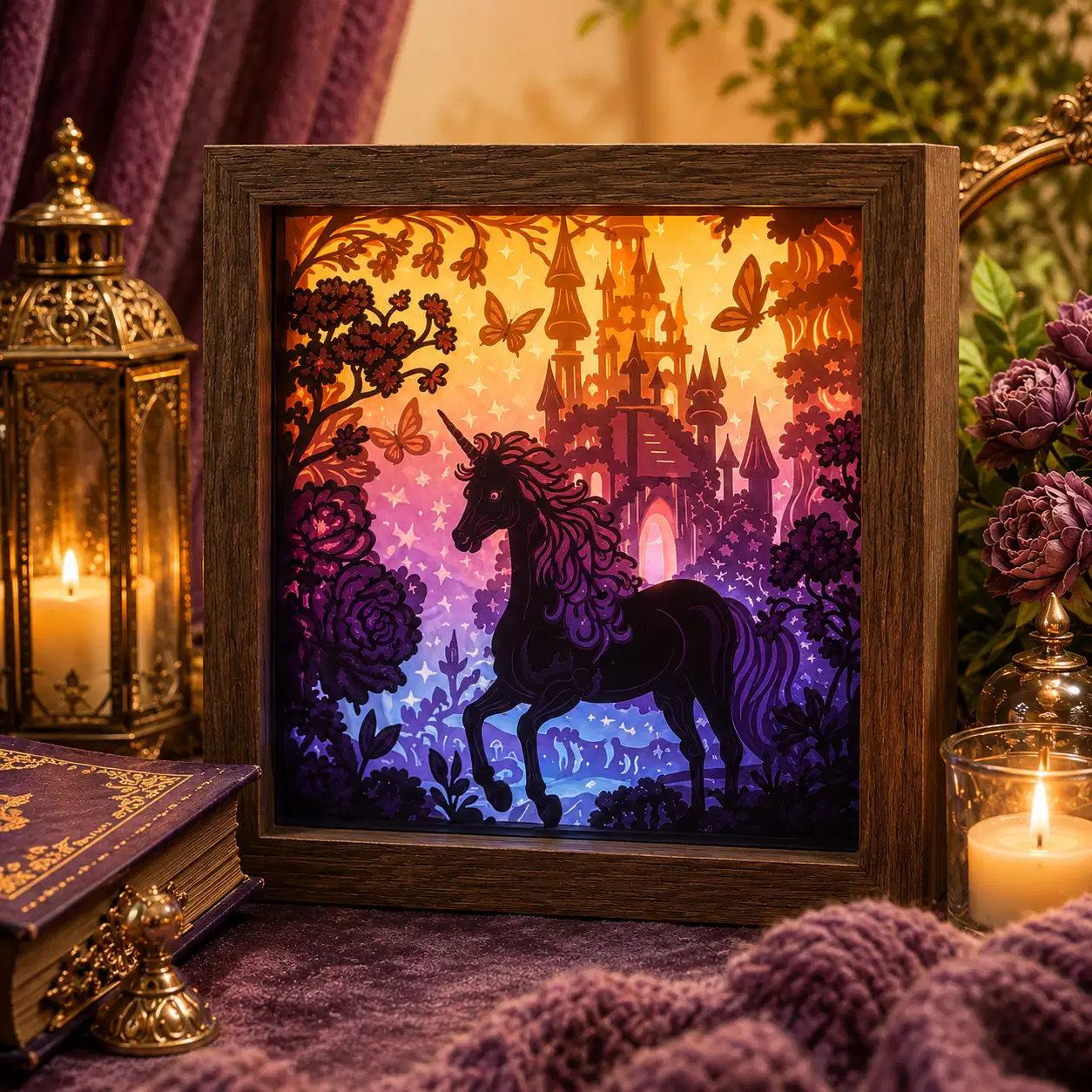 Lightbox Château de la Licorne allumée, avec une licorne noire, un château féerique, des roses et des papillons
