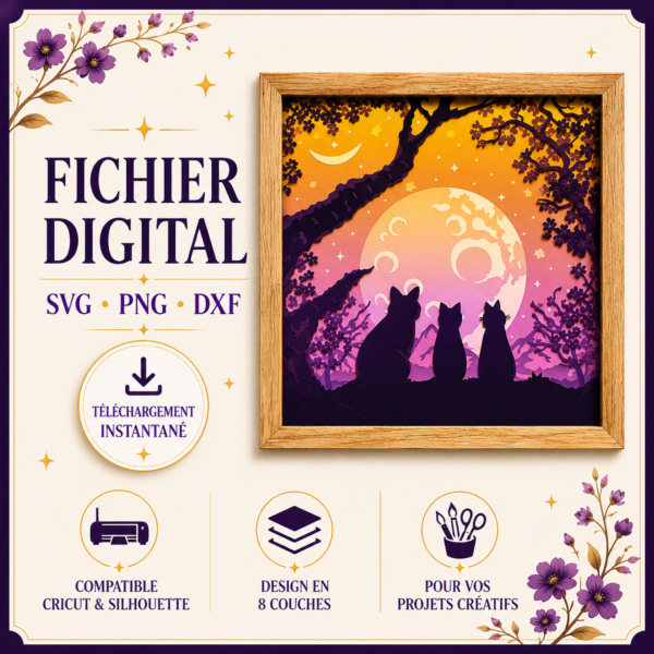 Moon Cat Shadow Box SVG – 8 couches