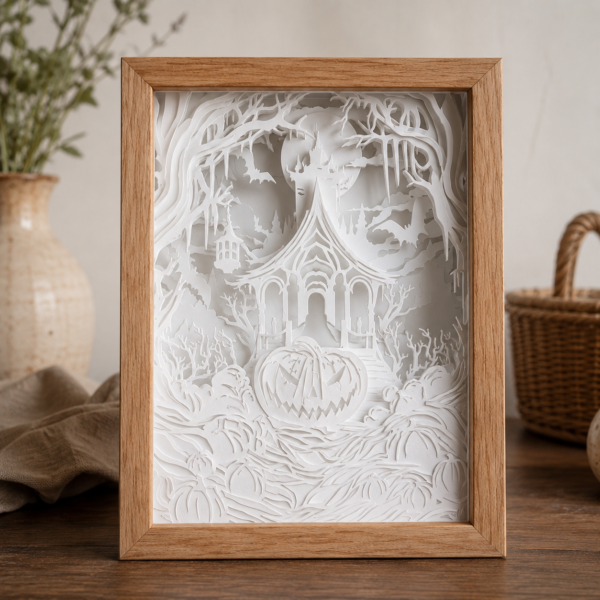 Modèle Maison hantée d’Halloween en papier blanc multicouche, lumière éteinte, montrant le décor effrayant en relief.
