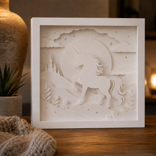 Modèle Licorne enchantée en papier blanc multicouche, lumière éteinte, montrant le relief des 6 couches découpées.