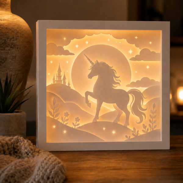 Lightbox Licorne enchantée en papier blanc multicouche avec éclairage LED chaud mettant en valeur la licorne, la lune et le château.
