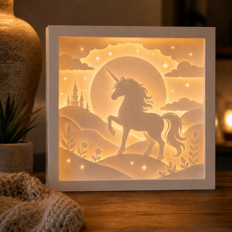 Lightbox Licorne enchantée en papier blanc multicouche avec éclairage LED chaud mettant en valeur la licorne, la lune et le château.
