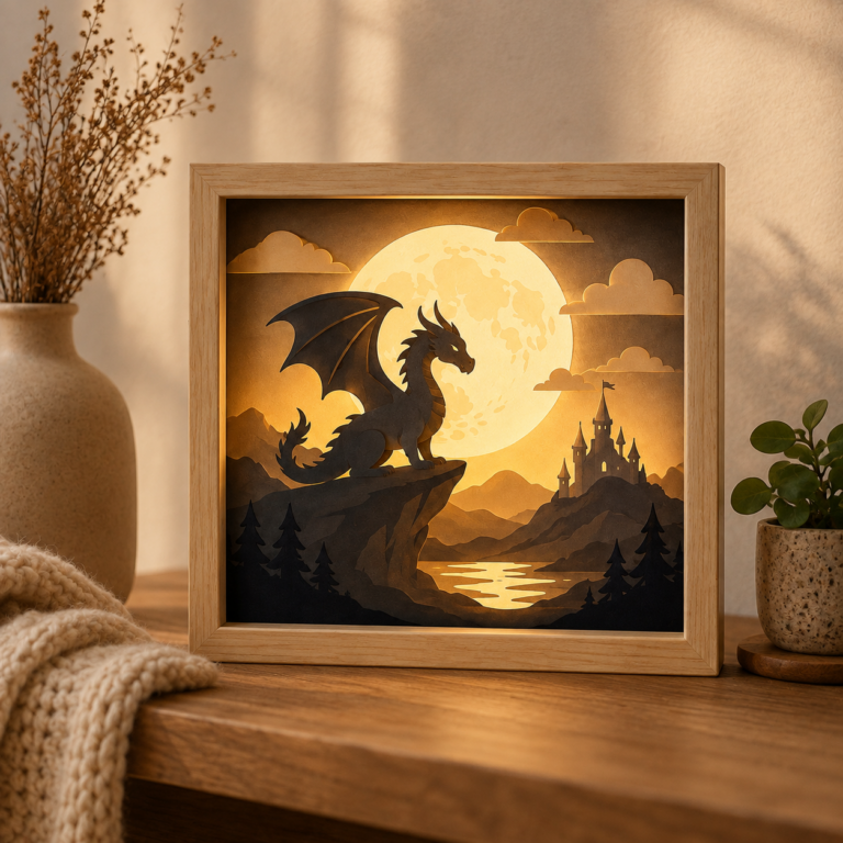 Lightbox Dragon au Clair de Lune allumée, représentant un dragon sur une falaise face à un château et une grande lune.