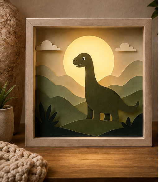 Lightbox Dinosaure dans la Vallée allumée, avec dinosaure, soleil et collines en papier multicouche dans des tons verts et naturels.