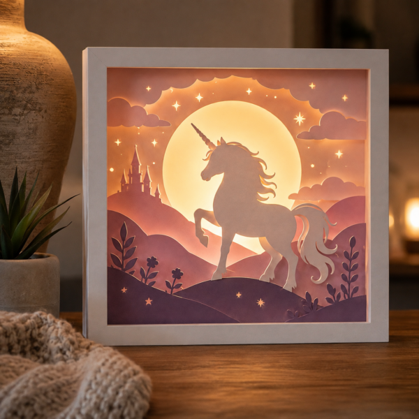 Lightbox Licorne enchantée allumée, création en papier multicouche avec licorne, château, lune et collines dans des tons rose et prune.