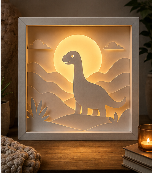 Lightbox Dinosaure dans la Vallée en papier blanc multicouche avec LED chaude derrière le soleil et le paysage.