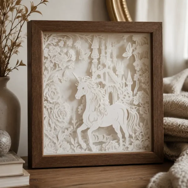 Modèle Château enchanté en papier blanc multicouche, lumière éteinte, montrant le château et les fleurs en relief.