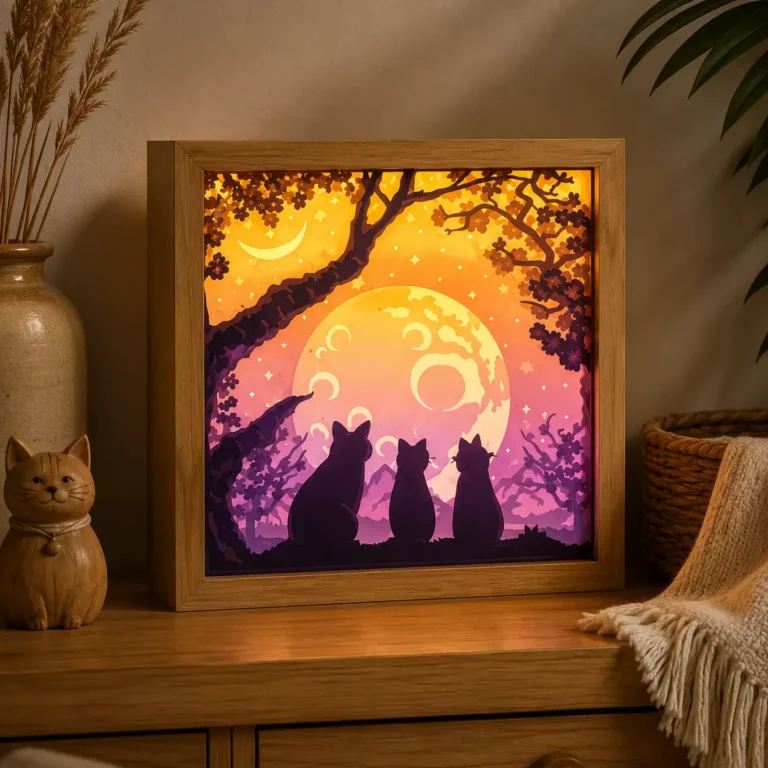 Lightbox Chats sous la Lune allumée, représentant trois chats devant une grande lune dans une forêt aux tons violets