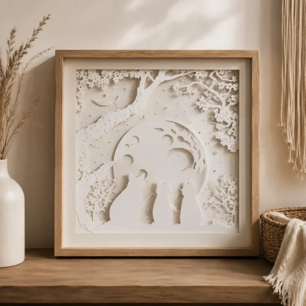Lightbox Chats sous la Lune allumée, représentant trois chats devant une grande lune dans une forêt aux tons violets