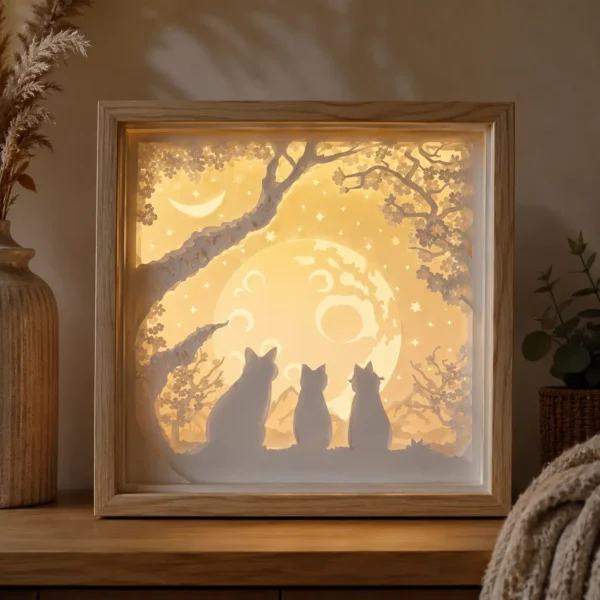 Lightbox Chats sous la Lune en papier blanc multicouche, éclairée par une LED chaude derrière les trois chats