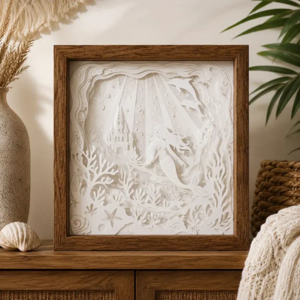 Modèle Sirène des Océans en papier blanc multicouche, lumière éteinte, montrant le relief du décor sous-marin
