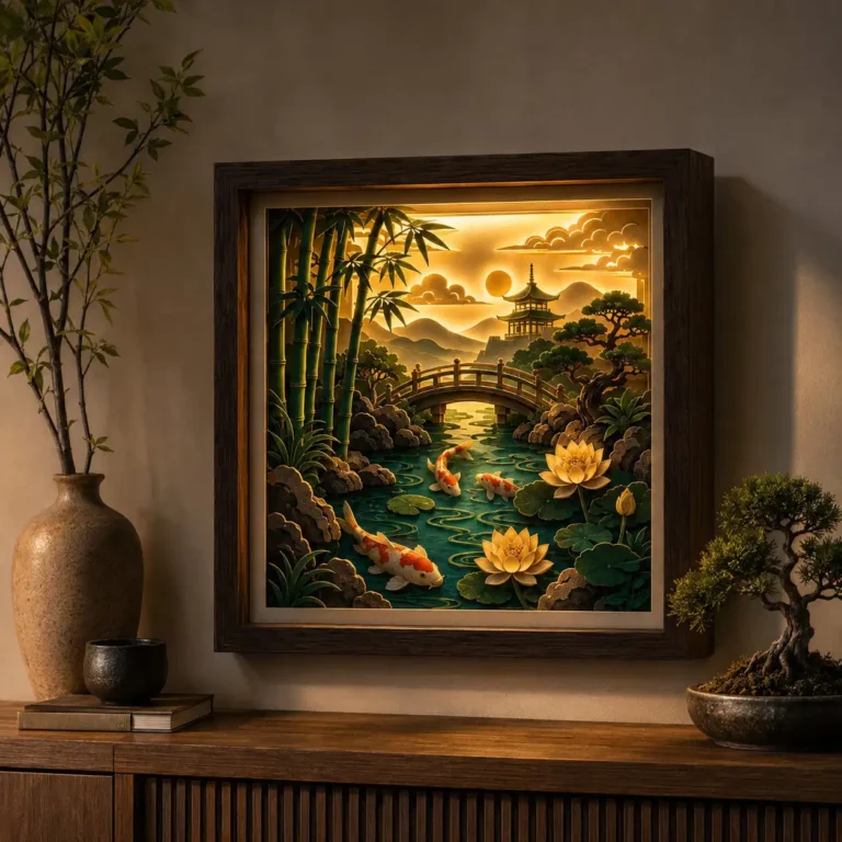 Lightbox Jardin japonais Koi allumée, avec des carpes koi, des lotus, un pont, des bambous et une pagode.