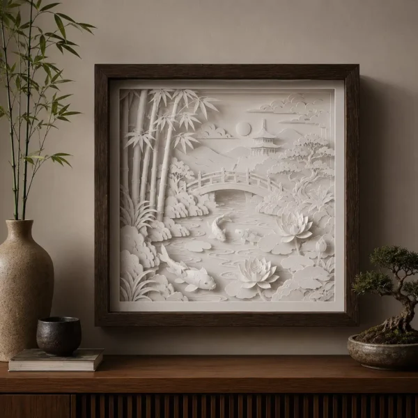 Modèle Jardin japonais Koi en papier blanc multicouche, lumière éteinte, montrant les carpes, lotus et bambous en relief.
