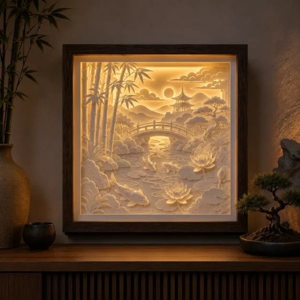 Lightbox Jardin japonais Koi en papier blanc multicouche, illuminée par une LED chaude derrière le bassin et la pagode