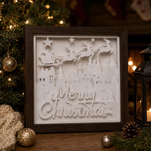 Modèle Traîneau du Père Noël en papier blanc multicouche, lumière éteinte, avec les rennes et le village en relief.