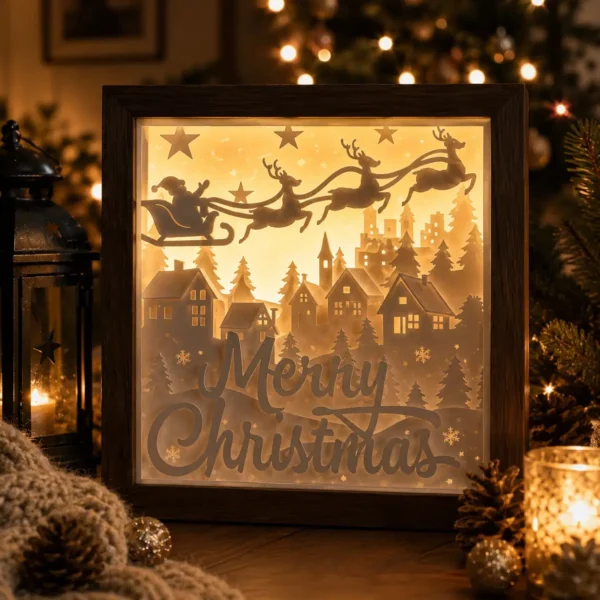 Lightbox Traîneau du Père Noël en papier blanc multicouche, éclairée par une LED chaude derrière le village de Noël.