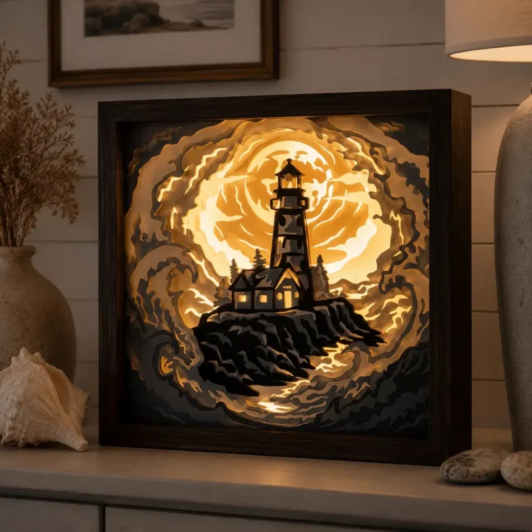 Lightbox Phare dans la tempête allumée, représentant un phare sur un rocher entouré de vagues sous une grande lune.
