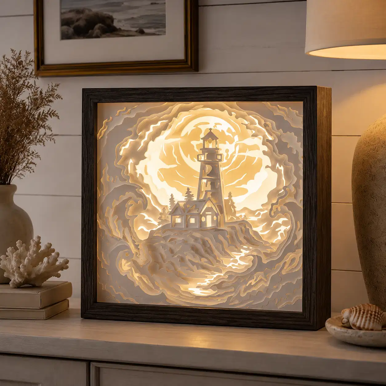 Modèle Phare dans la tempête en papier blanc multicouche, lumière éteinte, montrant le phare et les vagues en relief.