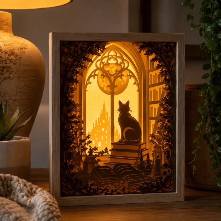 Aperçu d’une Lightbox Le Gardien des Grimoires allumée, avec un chat sur des livres devant une fenêtre gothique.