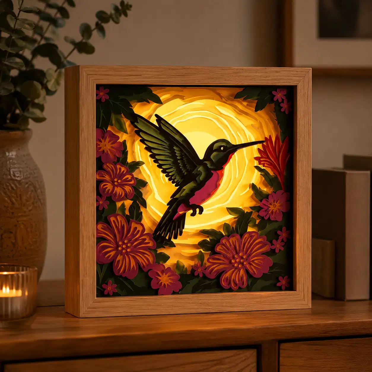 Colibri floral – Shadow Box allumée