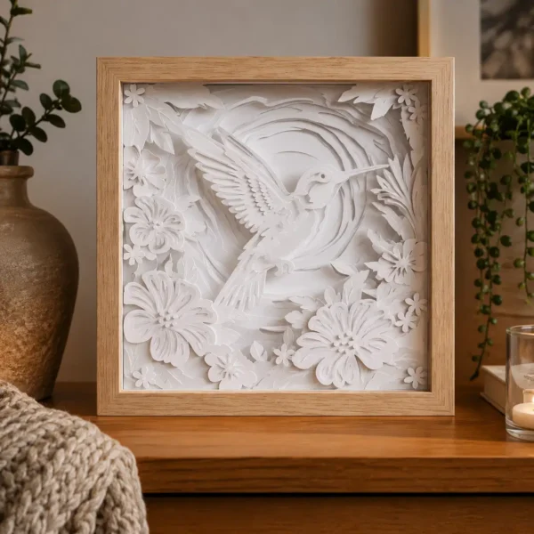 Colibri floral – Papier blanc éteint