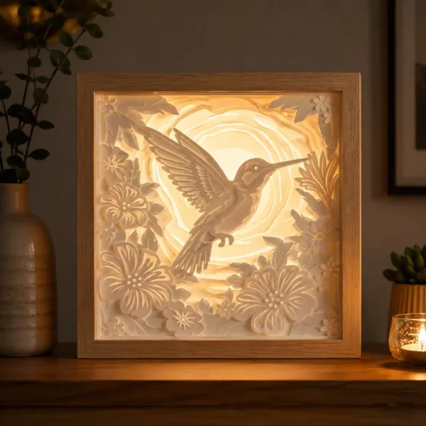Aperçu du modèle Colibri floral en papier blanc multicouche avec une lumière LED chaude à l’arrière.