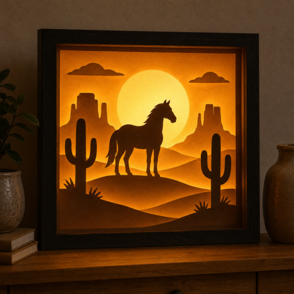 Lightbox Cheval du Désert allumée, représentant un cheval devant un grand soleil, des cactus et des paysages rocheux western.