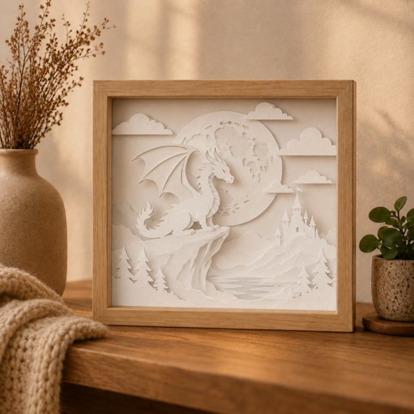 Modèle Dragon au Clair de Lune en papier blanc multicouche, lumière éteinte, montrant le dragon, le château et les montagnes en relief.