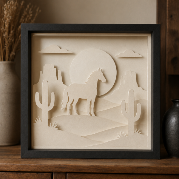 Modèle Cheval du Désert en papier blanc multicouche, lumière éteinte, montrant le cheval, les cactus et le paysage en relief.