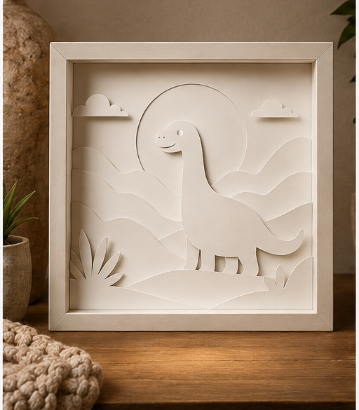 Modèle Dinosaure dans la Vallée en papier blanc multicouche, lumière éteinte, montrant le relief du dinosaure et des collines.
