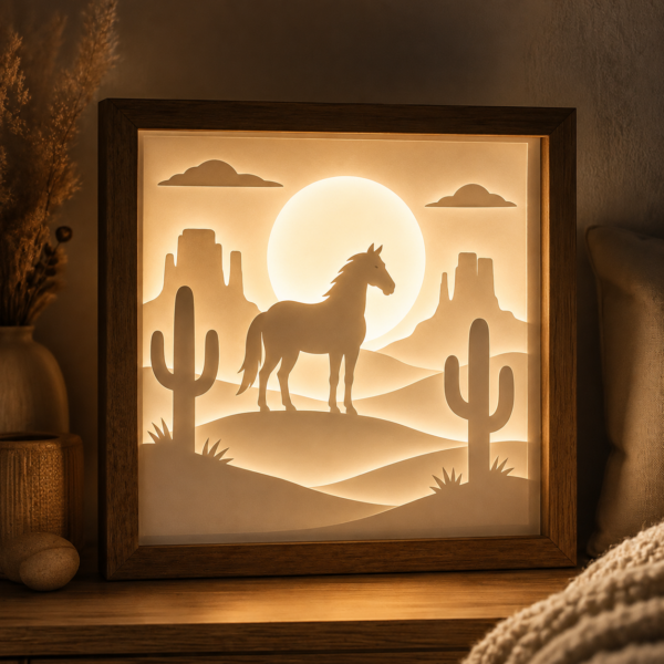 Lightbox Cheval du Désert en papier blanc multicouche avec éclairage LED chaud derrière le cheval et les paysages western.