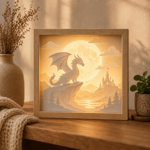 Lightbox Dragon au Clair de Lune en papier blanc multicouche avec éclairage LED chaud derrière la lune et le paysage fantastique.